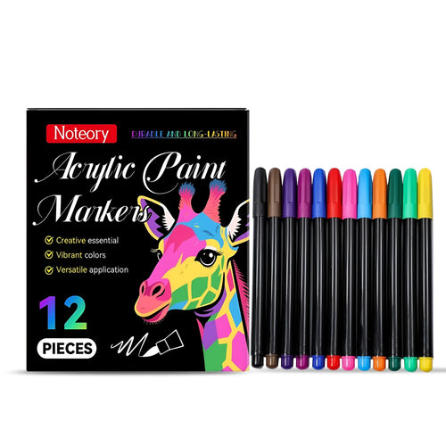 Set of 12 acrylic paint markers with coloured barrels and 2mm bullet tips.