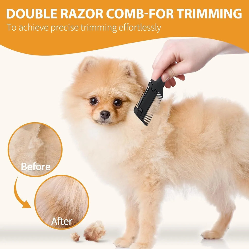Black pet grooming comb with razor blades and package of ten replacement blades.