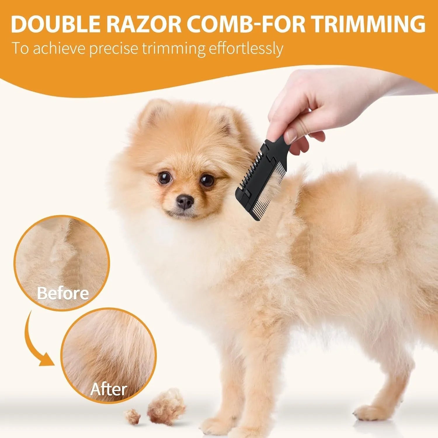 Black pet grooming comb with razor blades and package of ten replacement blades.
