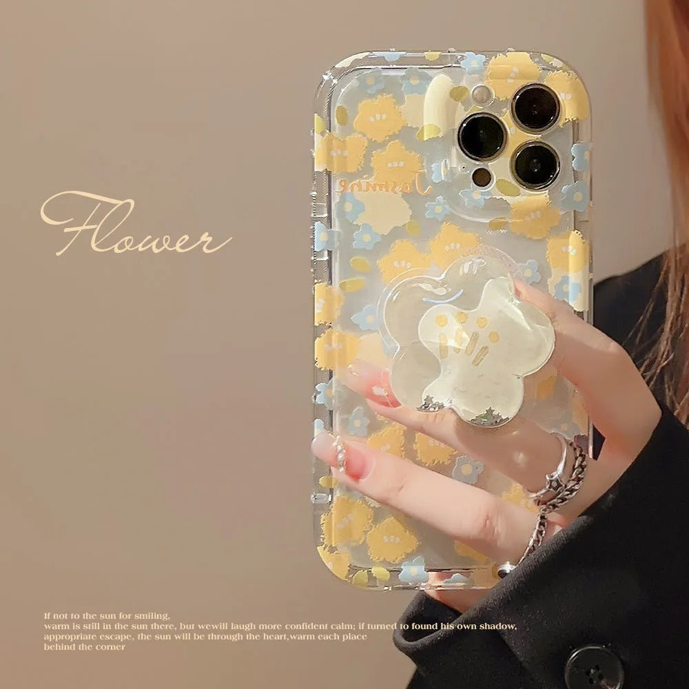 Floral TPU phone case with quicksand bracket for iPhone, transparent painted design in blue and yellow options