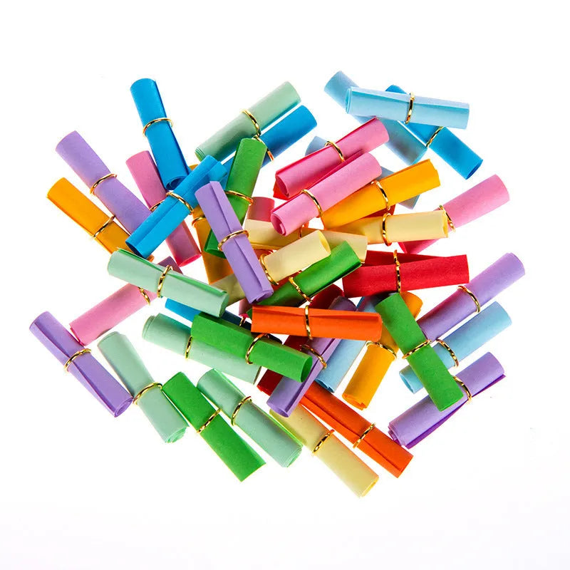 Colourful mini paper scrolls with eyelets in multiple sizes for drift bottle messages