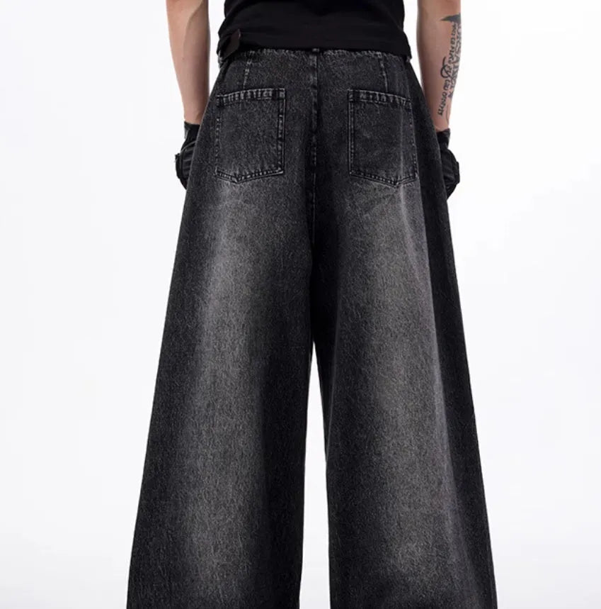 Korean style washed denim wide leg pants with matching waistcoat in black and grey