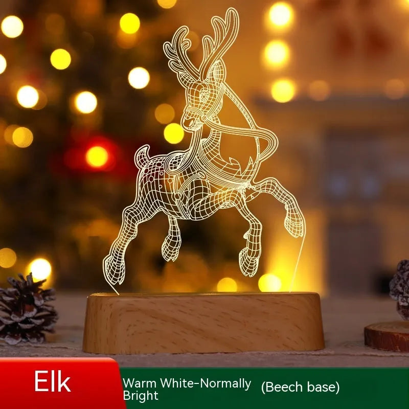 3D acrylic Christmas LED decorative night light showing a choice of festive designs like trees and reindeer.