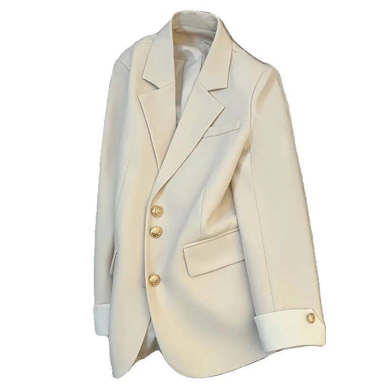 Women's Korean-style commute coat in milky white with 65cm length and pocket detailing