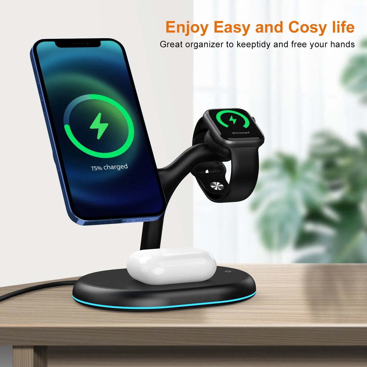 Black magnetic wireless charger with simple design on solid background