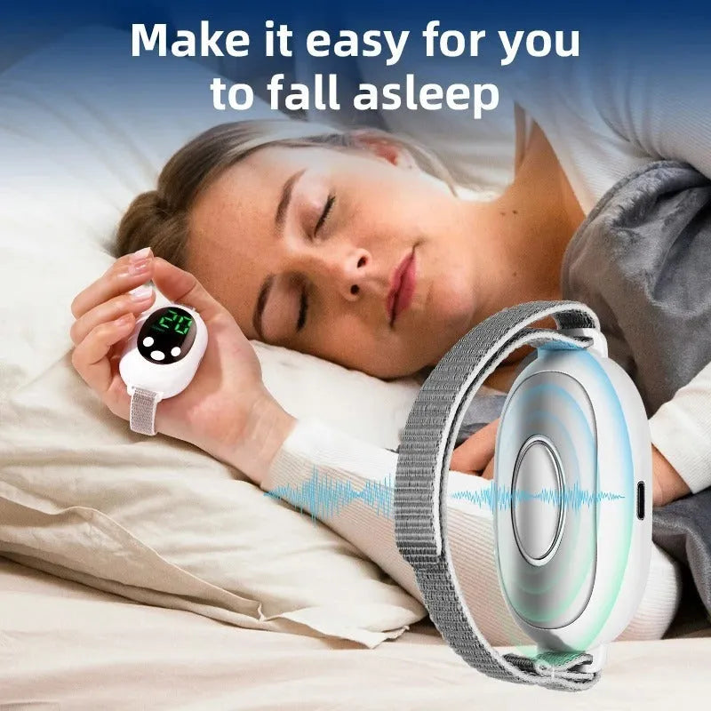 White handheld sleep aid device with sleep bracelet and charging cable showing 20 intensity settings