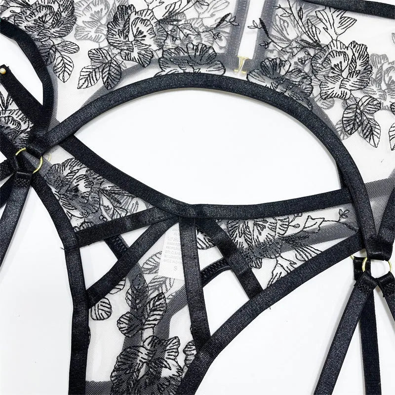 Black lace mesh three-piece set with floral print including top, pants and waist ring