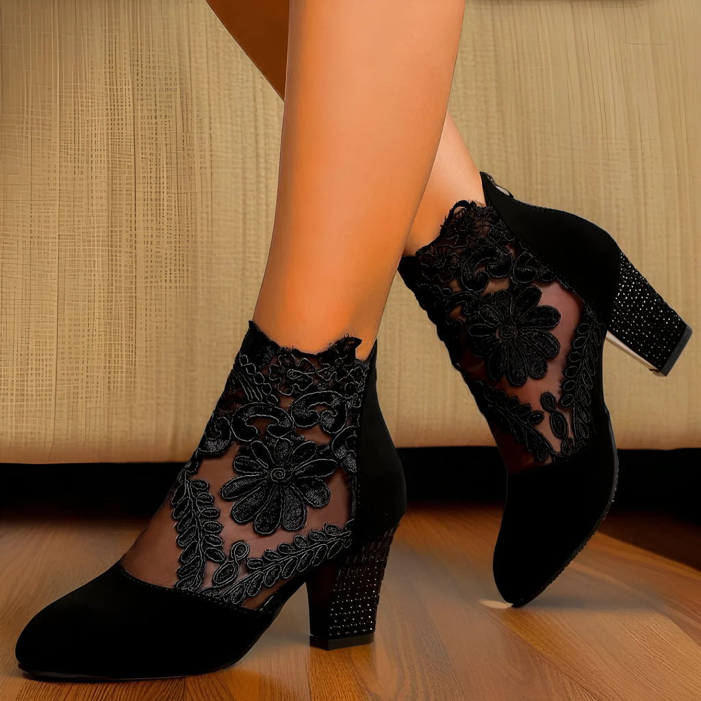 Black lace embroidered mesh ankle boots with chunky rhinestone high heel and suede patchwork