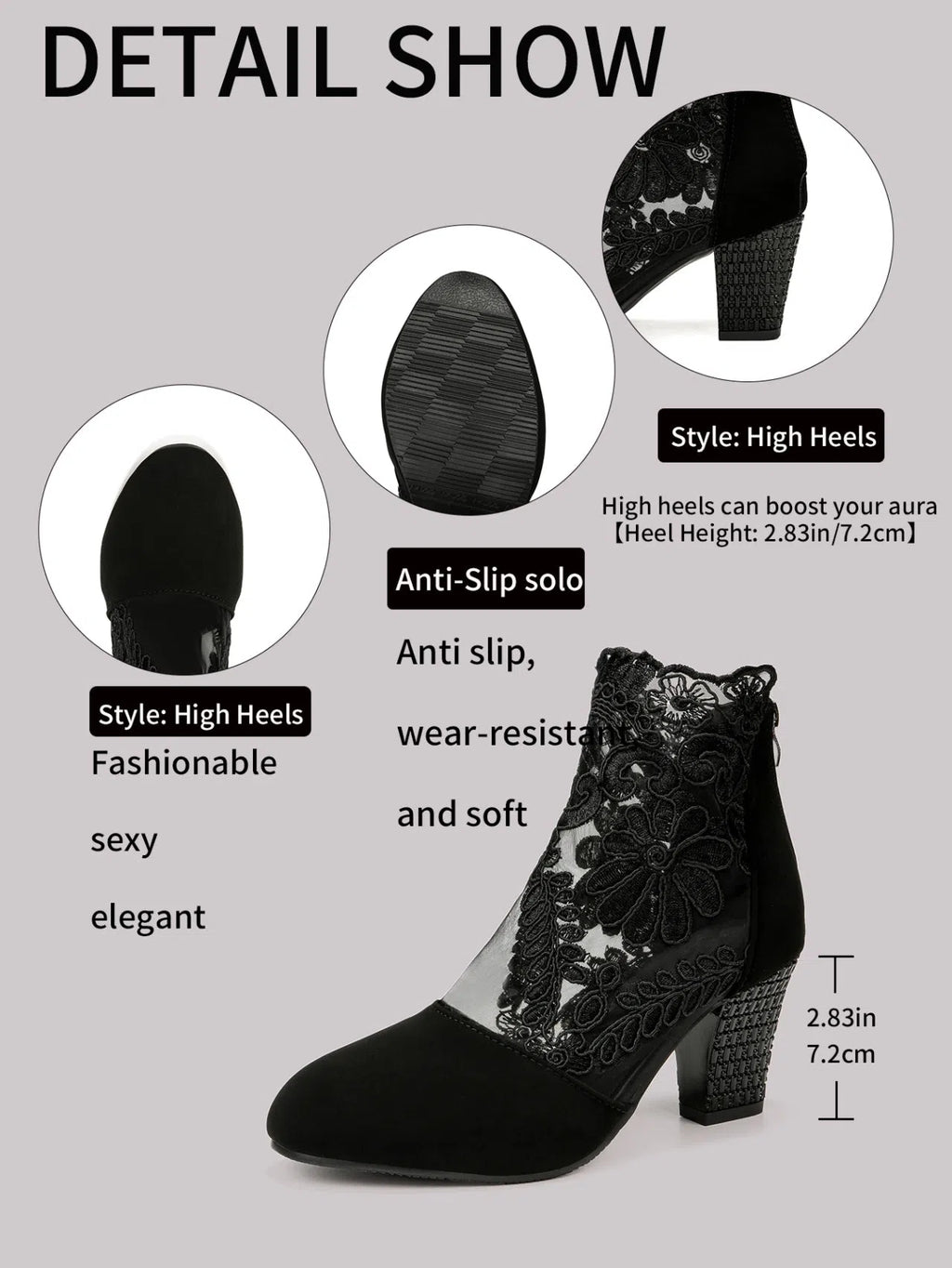 Black lace embroidered mesh ankle boots with chunky rhinestone high heel and suede patchwork