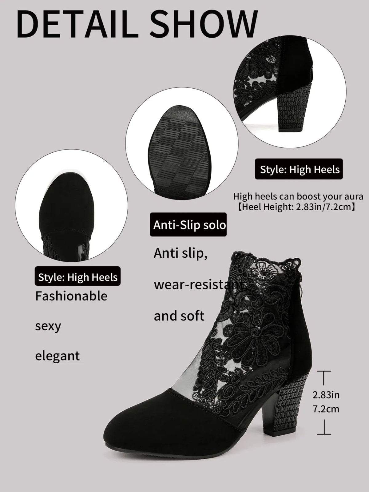 Black lace embroidered mesh ankle boots with chunky rhinestone high heel and suede patchwork