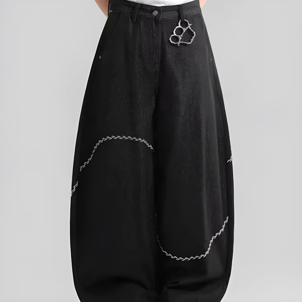 Black straight-leg denim trousers with mid-waist zip placket for autumn winter streetwear