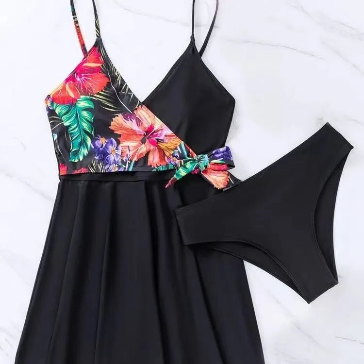 Black women's high waist briefs with printed split bikini style for swimming and sports.