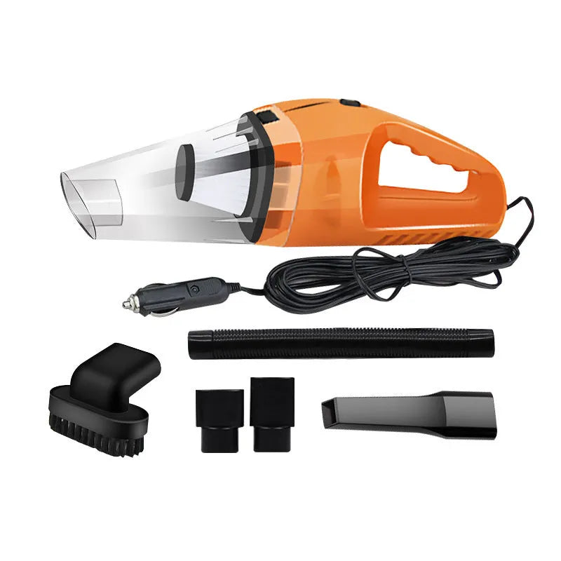 Orange handheld car vacuum cleaner with nozzle attached, showing compact design for vehicle use