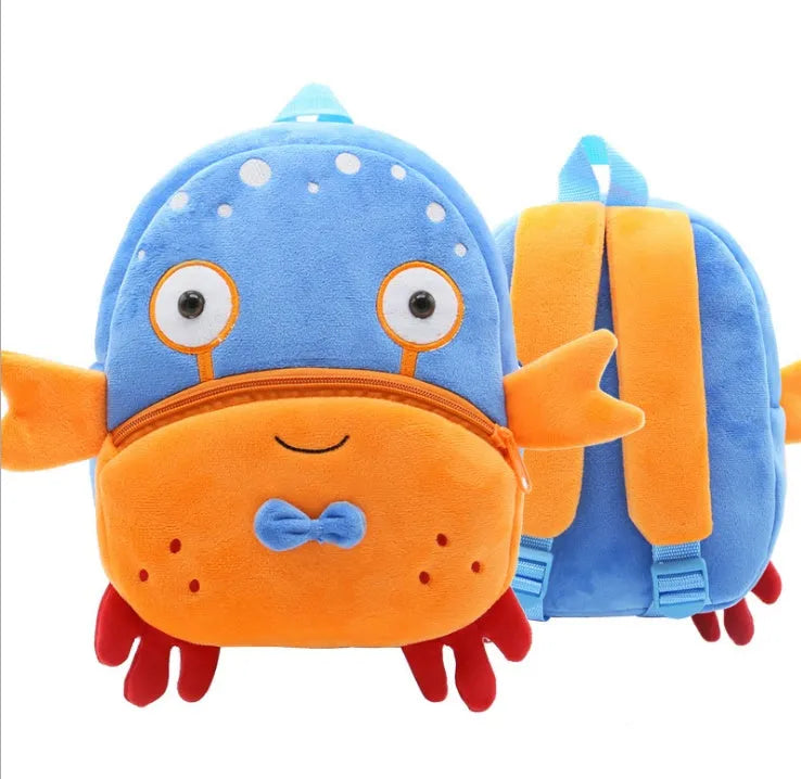Children's plush animal backpack with elephant design showing dimensions and zipper opening