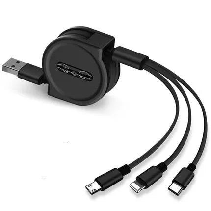 3-in-1 telescopic charging cable extended to show connectors with 120cm TPE cable and titanium alloy plugs.