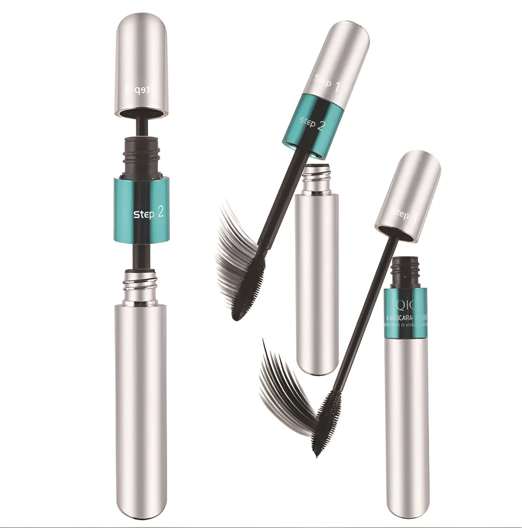 Two-in-one double mascara in silver packaging, volumising and lengthening formula, waterproof and smudge-resistant