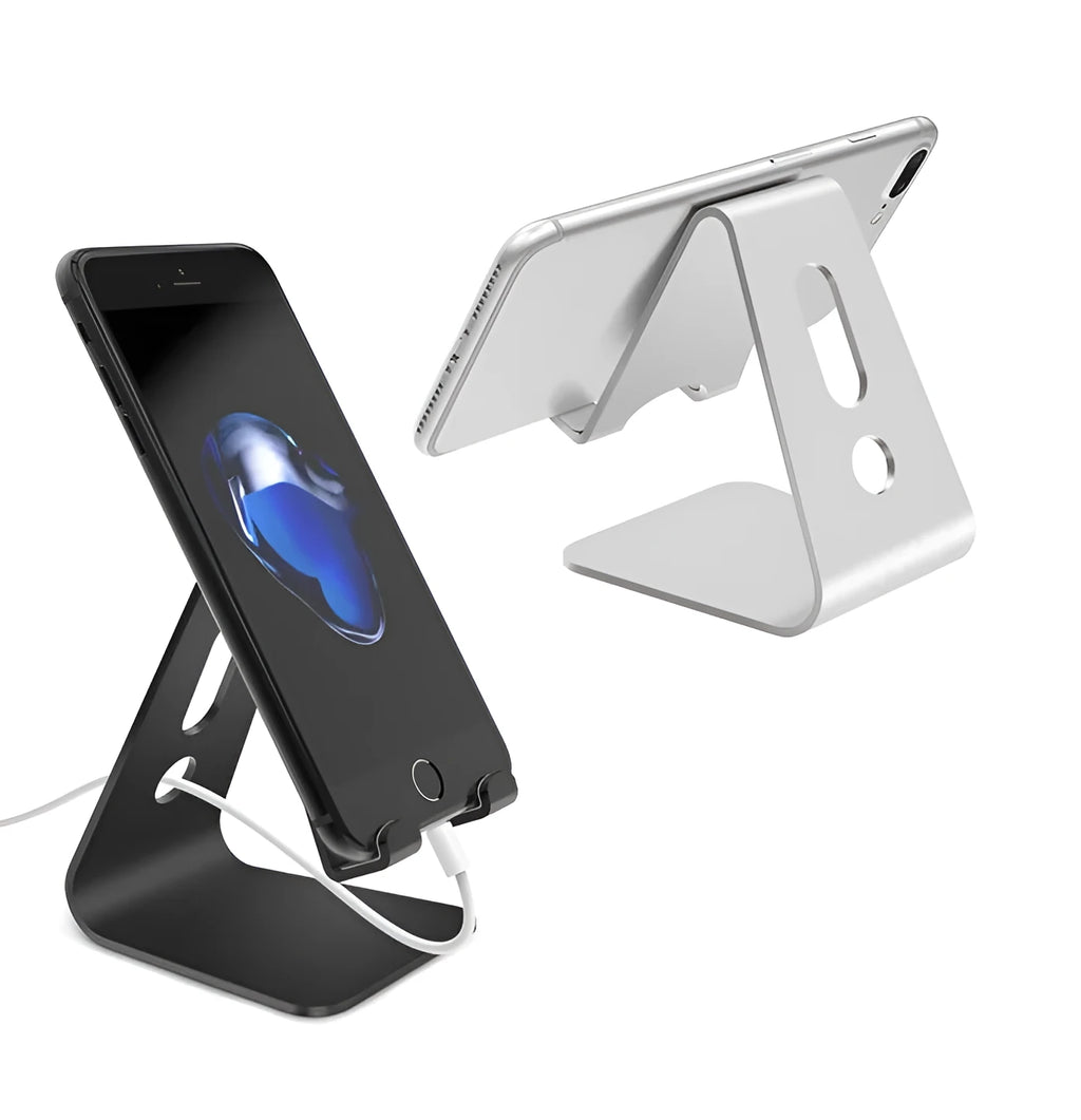 Aluminium alloy universal phone and tablet holder in black, red, rose gold, or silver.