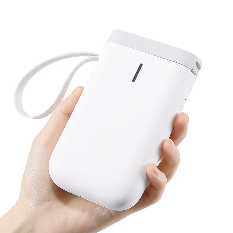 D11 Bluetooth thermal label printer in black, white, pink, or green, shown with smartphone app and printed labels.