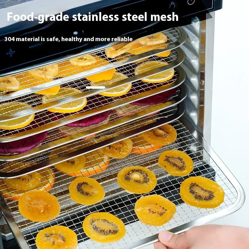 Stainless steel double-layer fruit dehydrator with LED control panel and multiple drying trays.