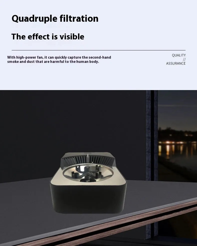 Black plastic desktop ashtray purifier with negative ions and 3-speed control