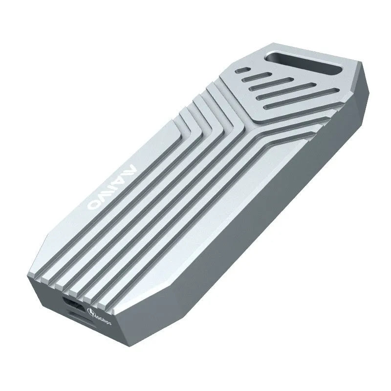 Aluminium M.2 NVMe SSD external enclosure for 2280 drives in grey and silver colours.