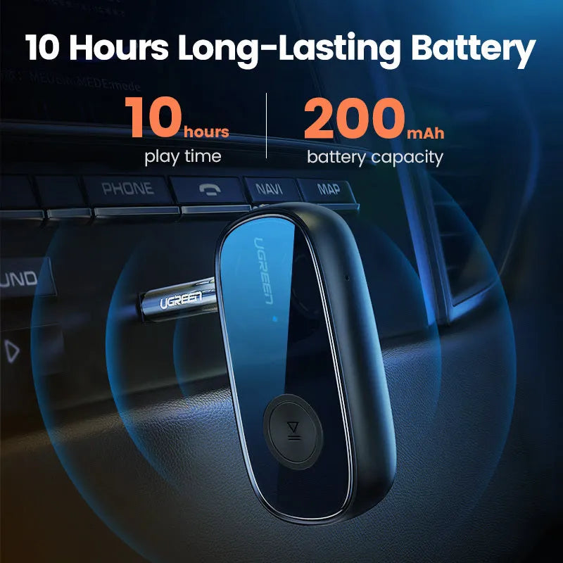 Car AUX Bluetooth receiver with 3.5mm audio output and USB cable for in-car wireless streaming