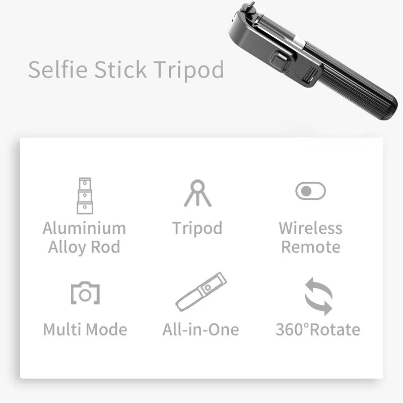 Black extendable tripod selfie stick for iPhone smartphones showing adjustable height.