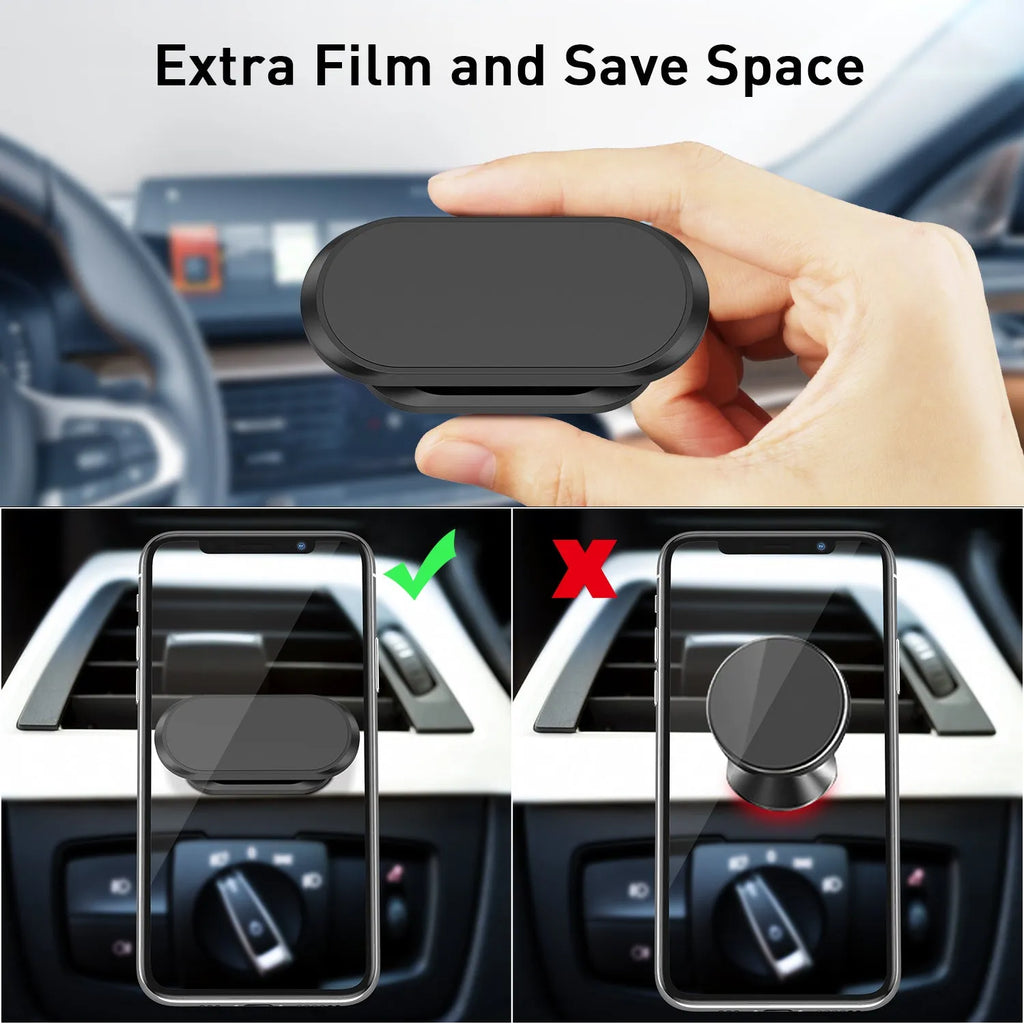 Black ABS 360-degree rotating magnetic car phone holder on dashboard with smartphone attached in portrait mode