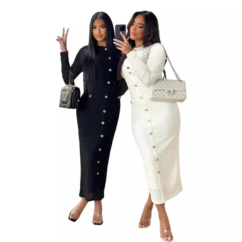 French retro slim fit knitted long-sleeved dress with button detail in black or white