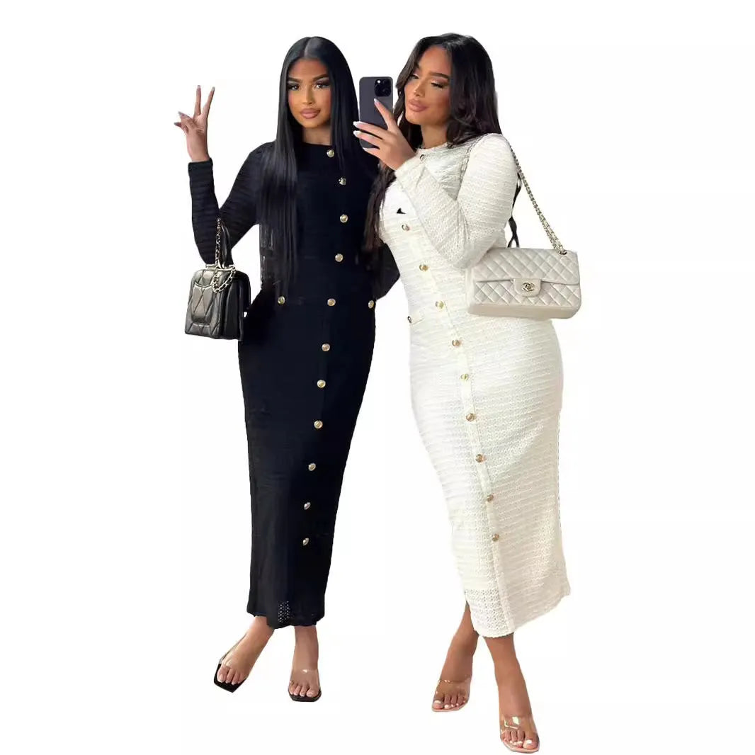 French retro slim fit knitted long-sleeved dress with button detail in black or white