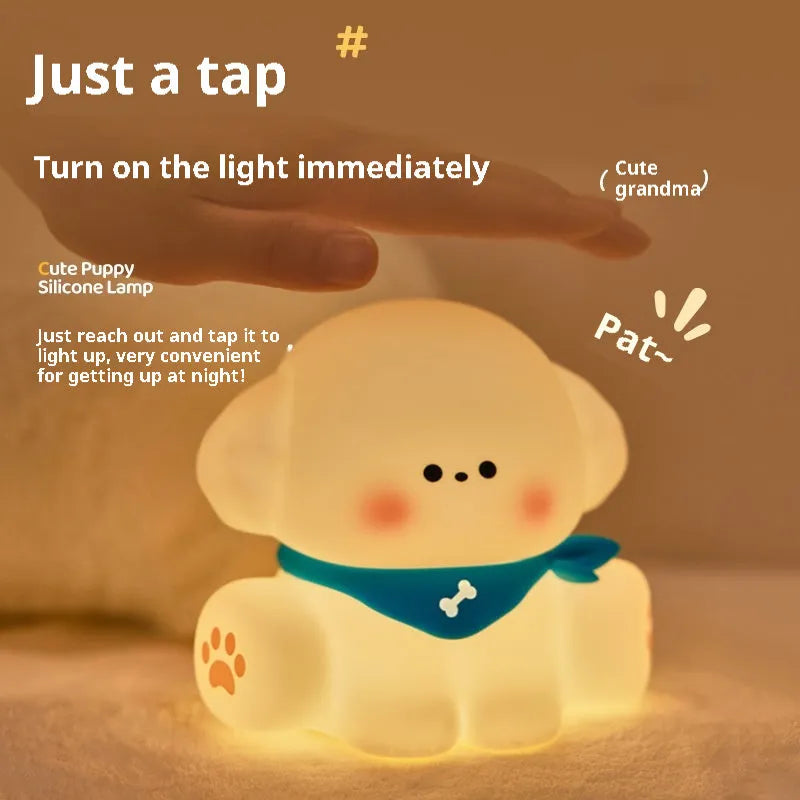 Silicone puppy night light for children's bedroom, 127mm high by 114mm wide, cartoon dog lamp
