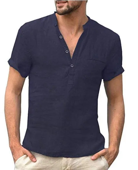 Casual linen polo shirt in Beige, Black, Dark Blue, Grey, or White, short sleeve, sizes L to 5XL