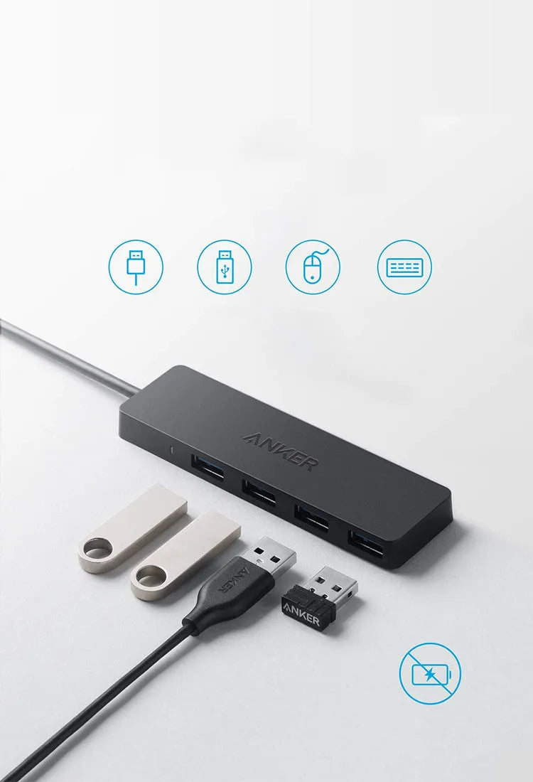 Black Anker 4-port USB 3.0 hub with attached cable on a desk