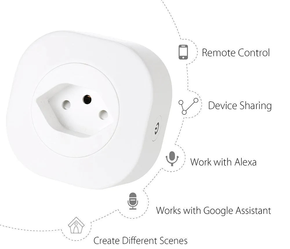 A white smart socket plug with WiFi voice control, showing EU plug pins.