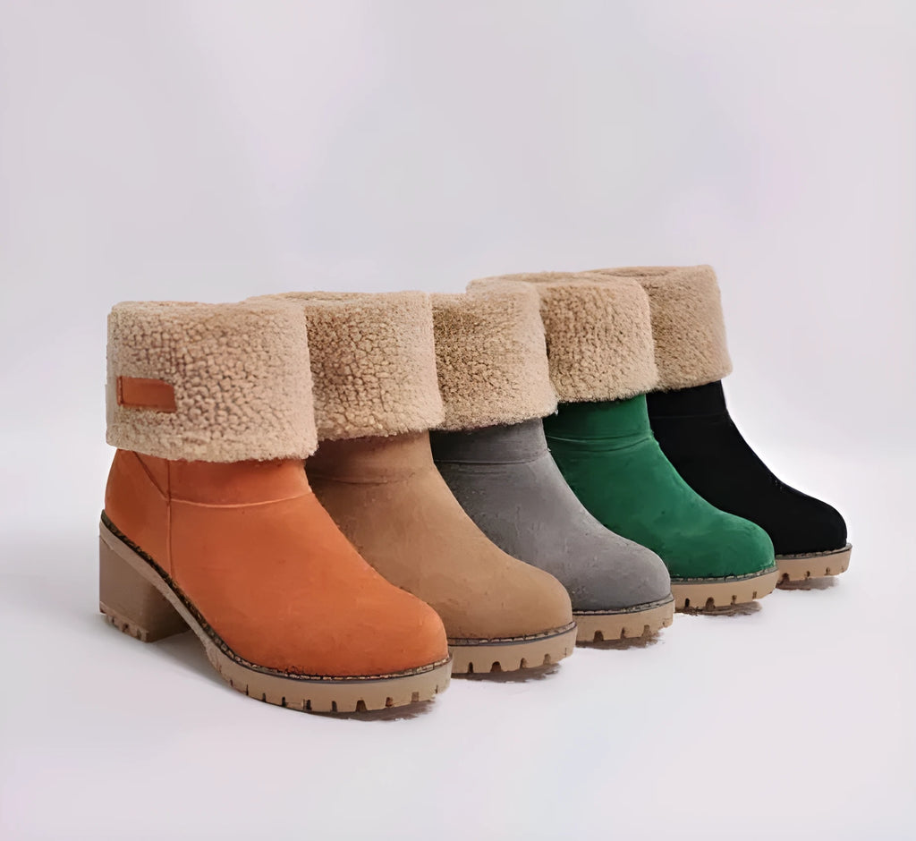 Women's thick-soled suede snow boots with mid-tube height and round toe