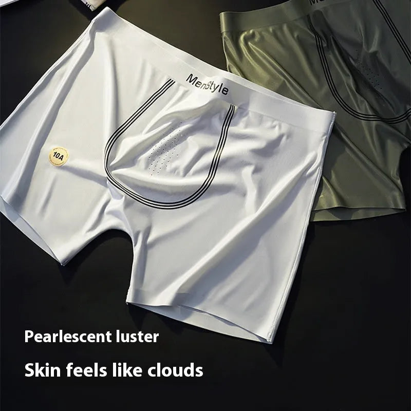 Men's seamless satin ice silk nylon boxer shorts in mid-waist style, shown in flesh colour
