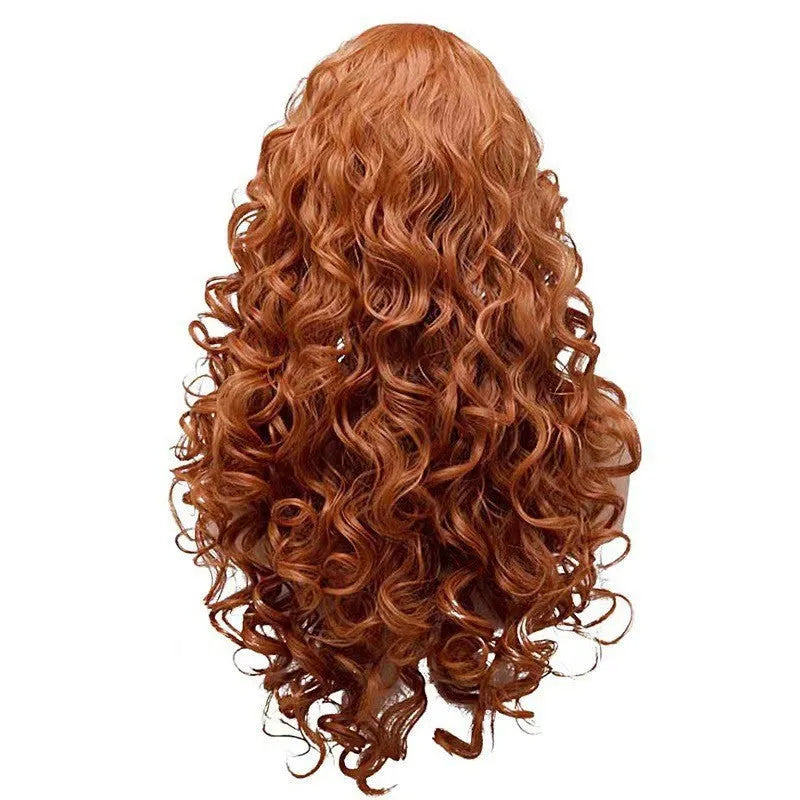 Long brown curly wig with instant noodles-style texture on wig head