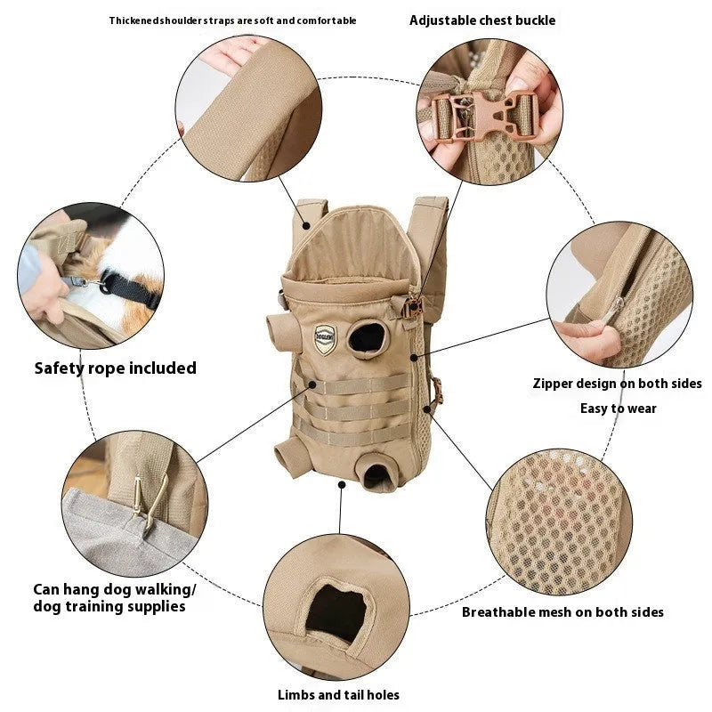Khaki polyester breathable pet backpack carrier for medium dogs, available in sizes M and L