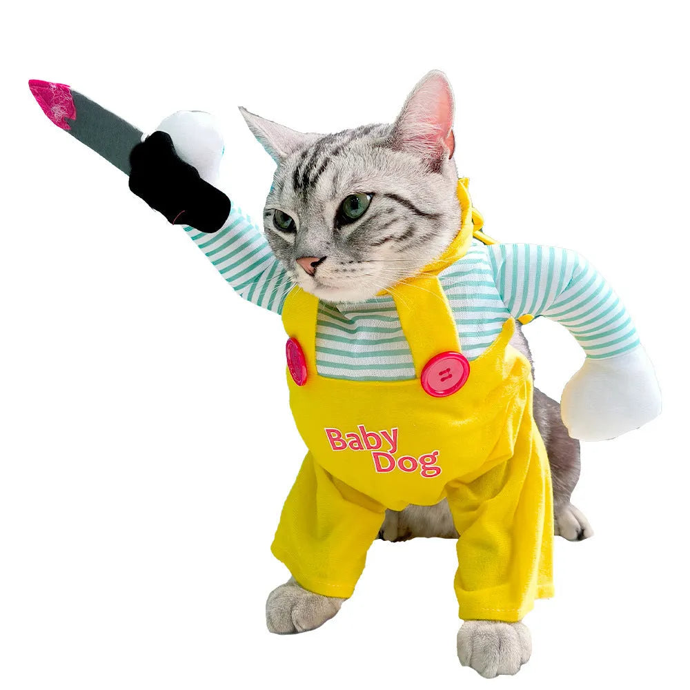 Yellow sword assassin costume for cats on hanger showing B02405 design
