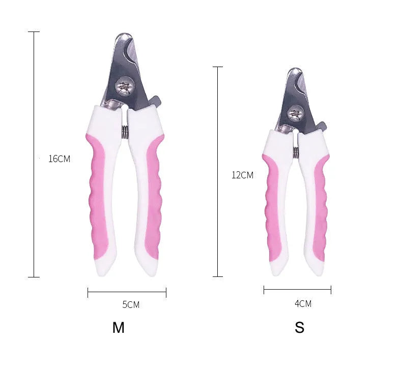 Pet nail clippers with stainless steel half-moon blade and transparent baffle in blue and pink