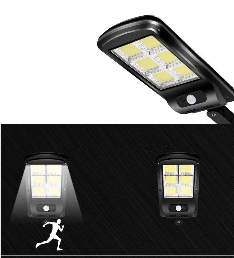 Black outdoor solar motion sensor wall light mounted on fence with LED illumination