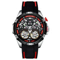 Automatic mechanical men's watch with luminous hollow dial in blue colour option showing 14mm thickness