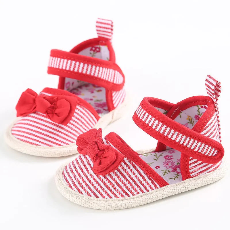Baby girl cotton cloth soft sole sandals with plaid pattern and car suture design, Velcro fastening, available in yellow red blue black