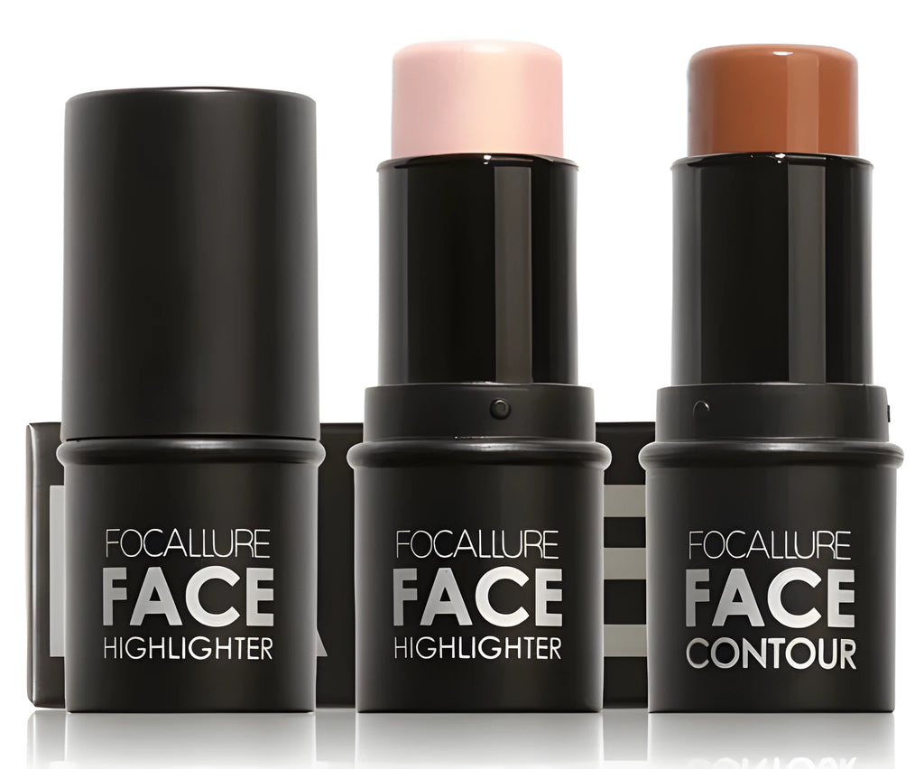 Face contour highlighter makeup stick in a choice of matte or shimmer finish, shown in shade options A, B, C, D.