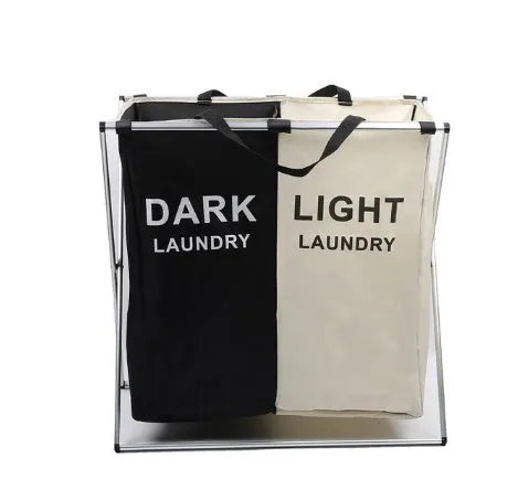 Grey foldable 3-compartment laundry basket with Oxford cloth body and aluminium frame