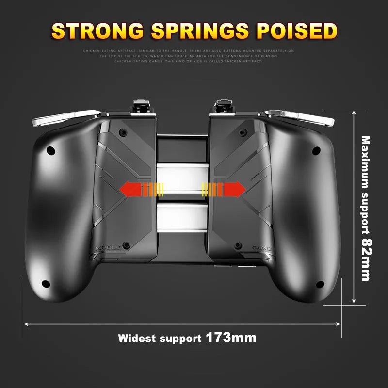 Mobile game handle with telescopic bracket attached to smartphone showing USB-C and audio ports
