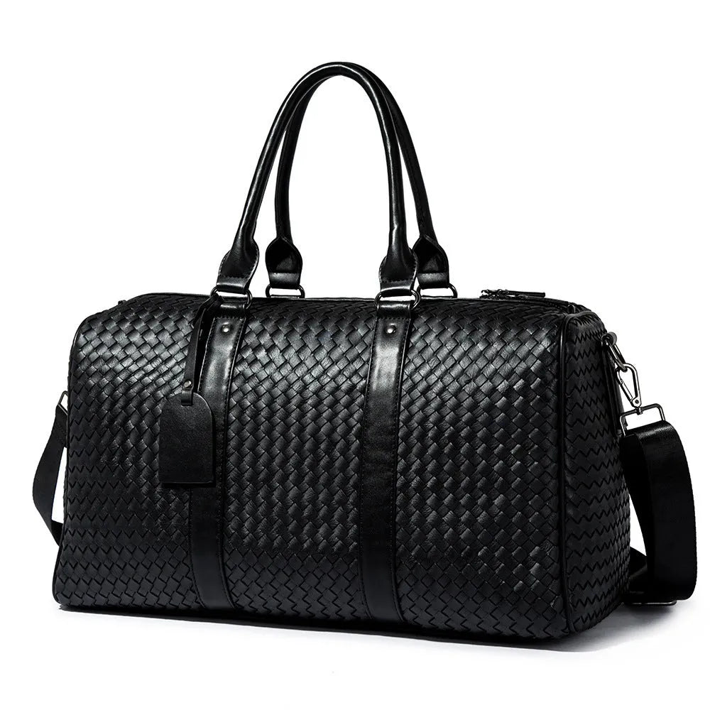 Black medium PU leather shoulder bag with woven texture and zipper closure for travel and business use