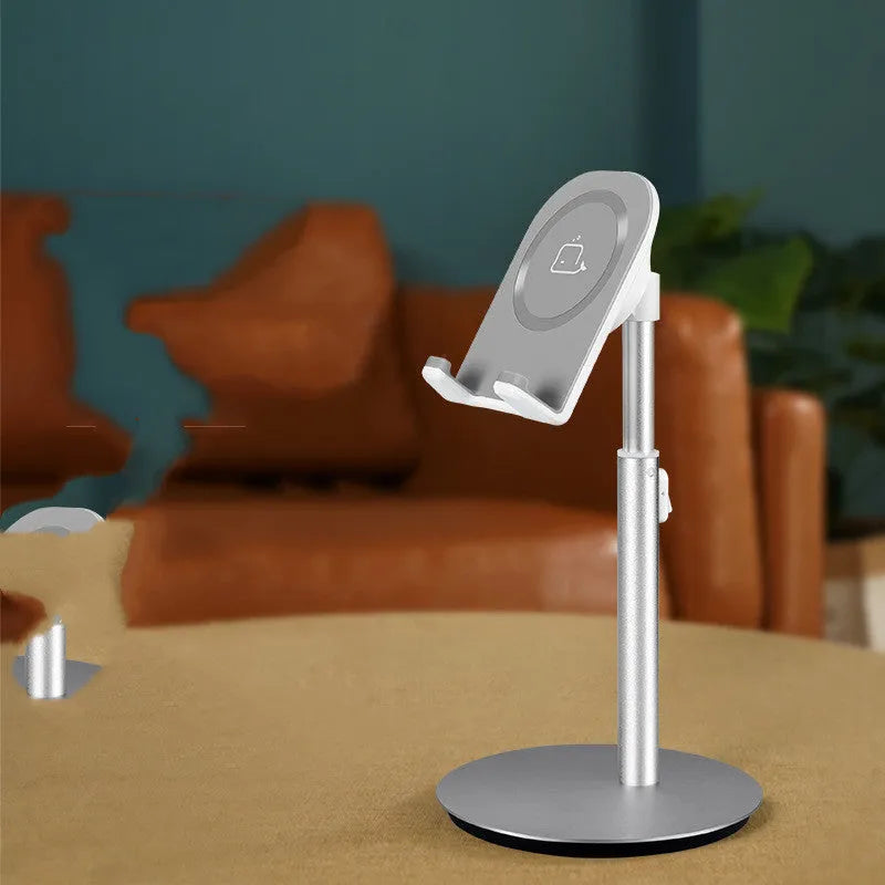 Silver metal S1 universal desktop stand holding a tablet and a mobile phone.