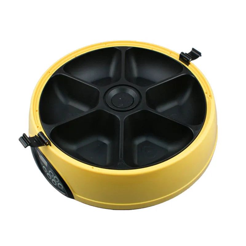 Yellow automatic pet feeder with 6-meal capacity ABS plastic timer and voice recorder