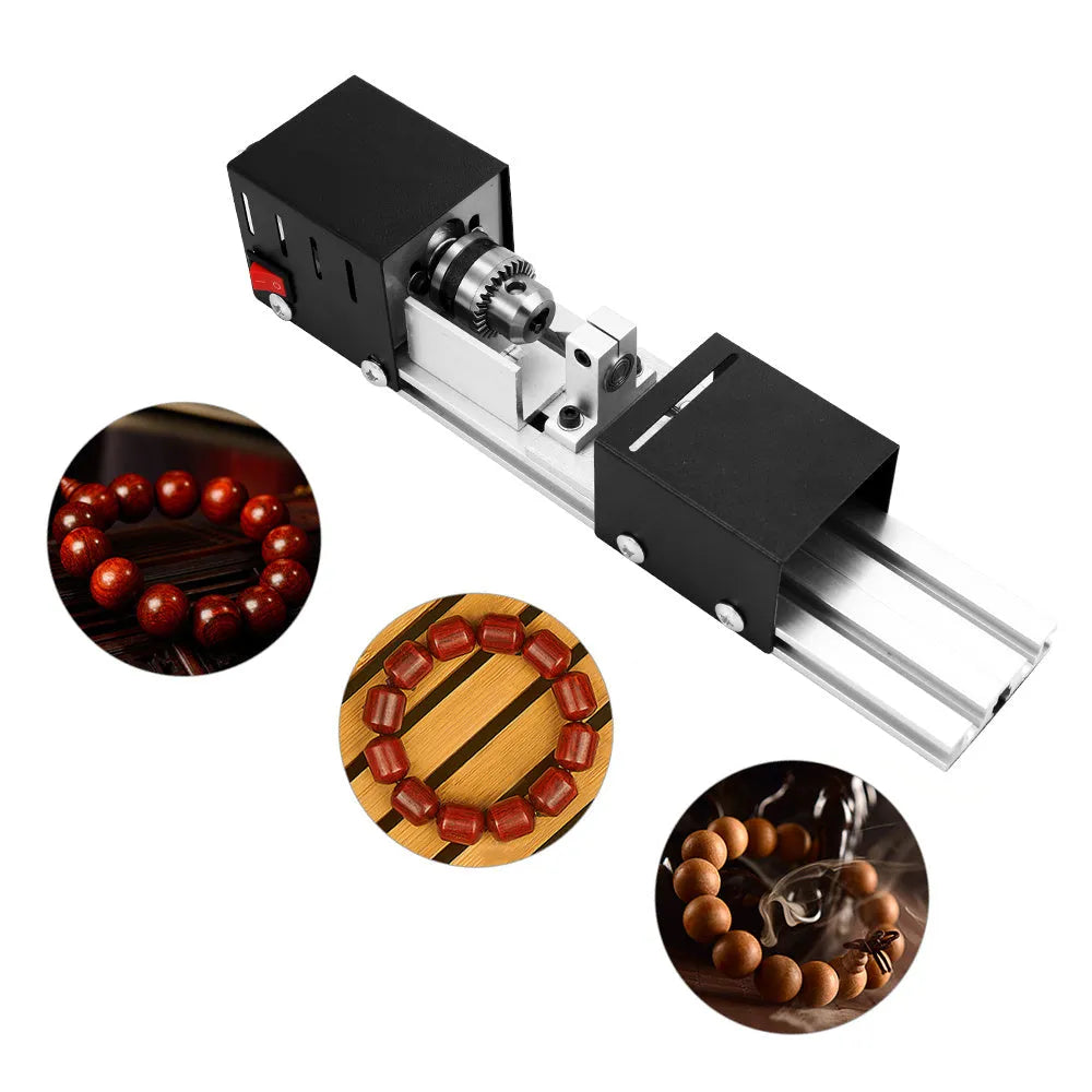 Mini manual woodworking lathe with silver metal finish and carving accessories